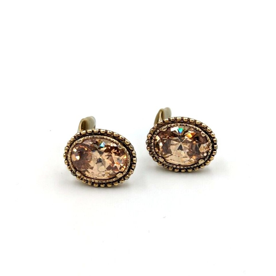 Vintage Ciner Peach Color Oval Crystal Gold Tone Clip-On Earrings Signed 85$